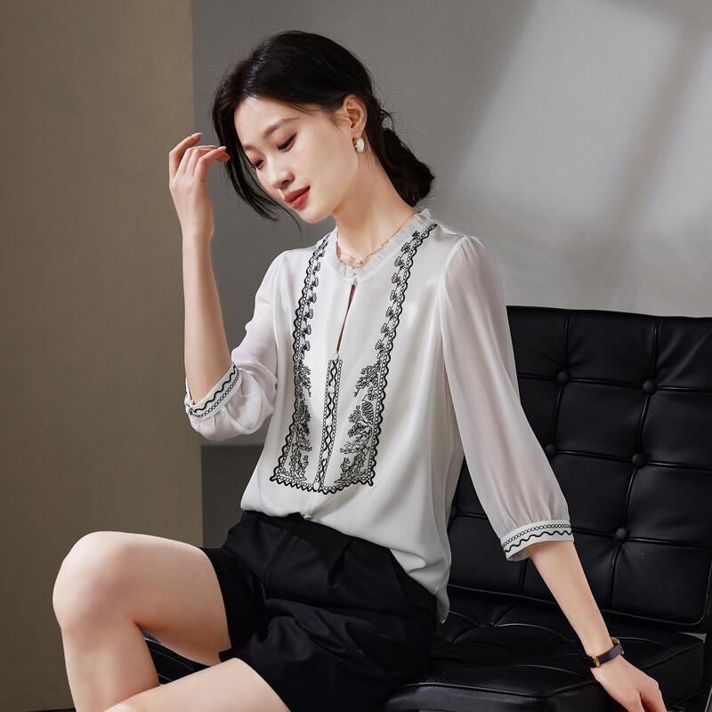 SOFSIL 2026 Summer French Silk Blend Embroidered Ruffle Blouse