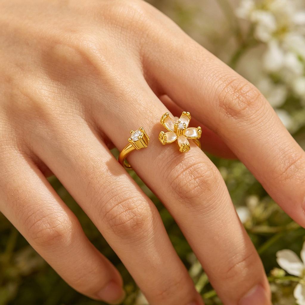 Opal Flower Rings For Women Cubic Zirconia Openning Stainless Steel Flower Ring Wedding Floral Aesthetic Jewelry anillos mujer