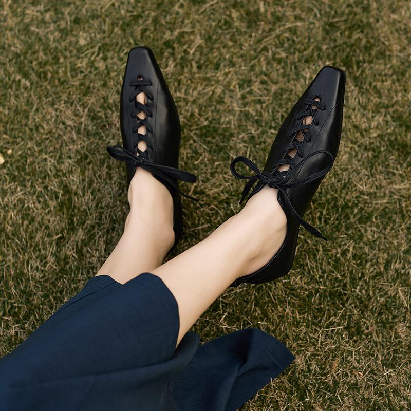 Fashion 2025 Hot Sale Fashion Low Heel Lace Up Genuine Leather Pumps Women Daily Walk Flats Young Girls Casual Spring Autumn Black Shoes