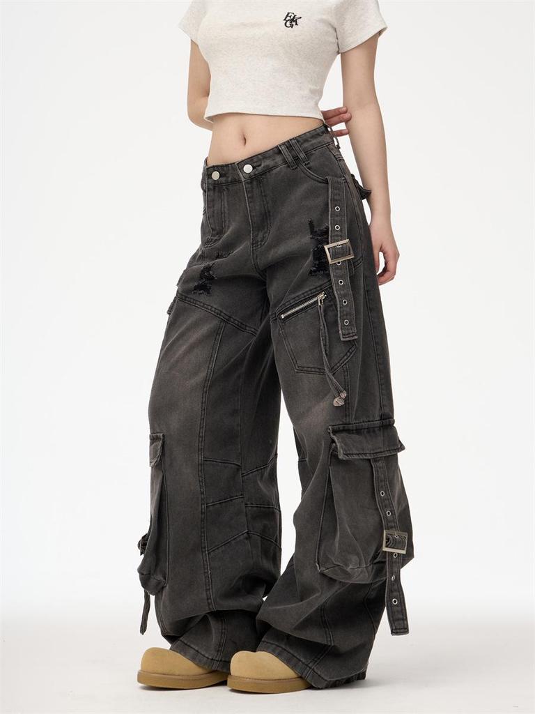 Unisex Multi-Pocket Wide Leg Ripped Denim Jeans - Trendy American High Street Style