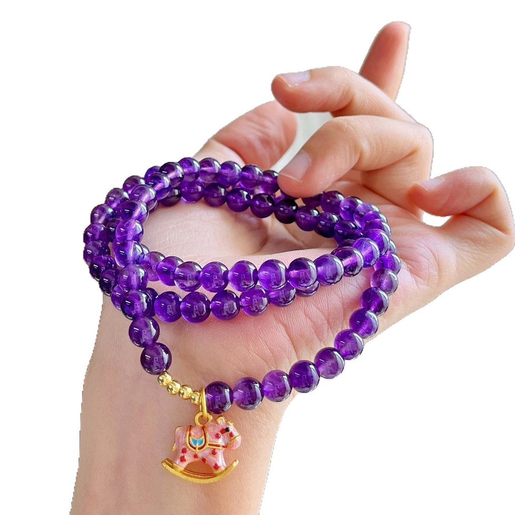 6mm Old Material Royal Purple Natural Amethyst Multi-circle Pink Pony Design Bracelet