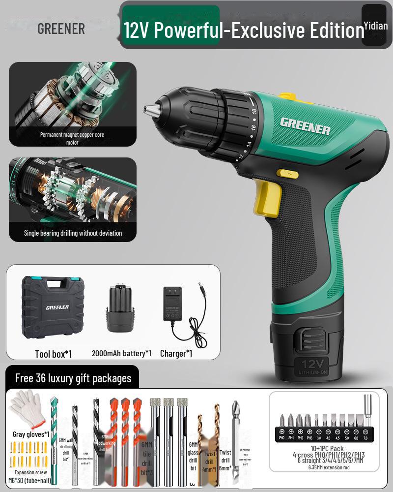 Green Forest Rechargeable Lithium Hand Drill - Multi-Function Electric Screwdriver for Household & Wall Drilling