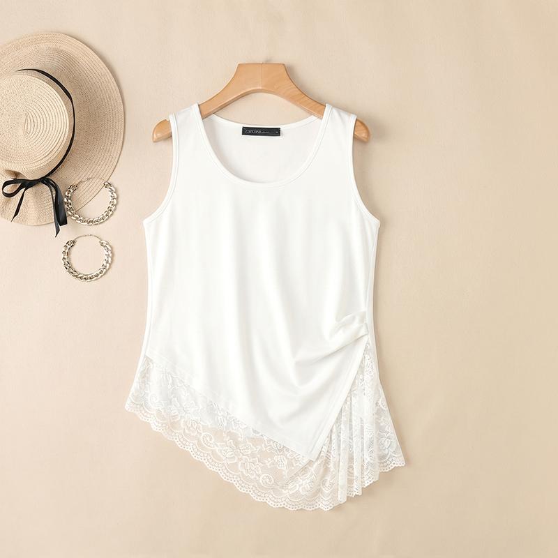 ZANZEA Women Casual Round Neck Lace Splice Summer Sleeveless Vest Tops