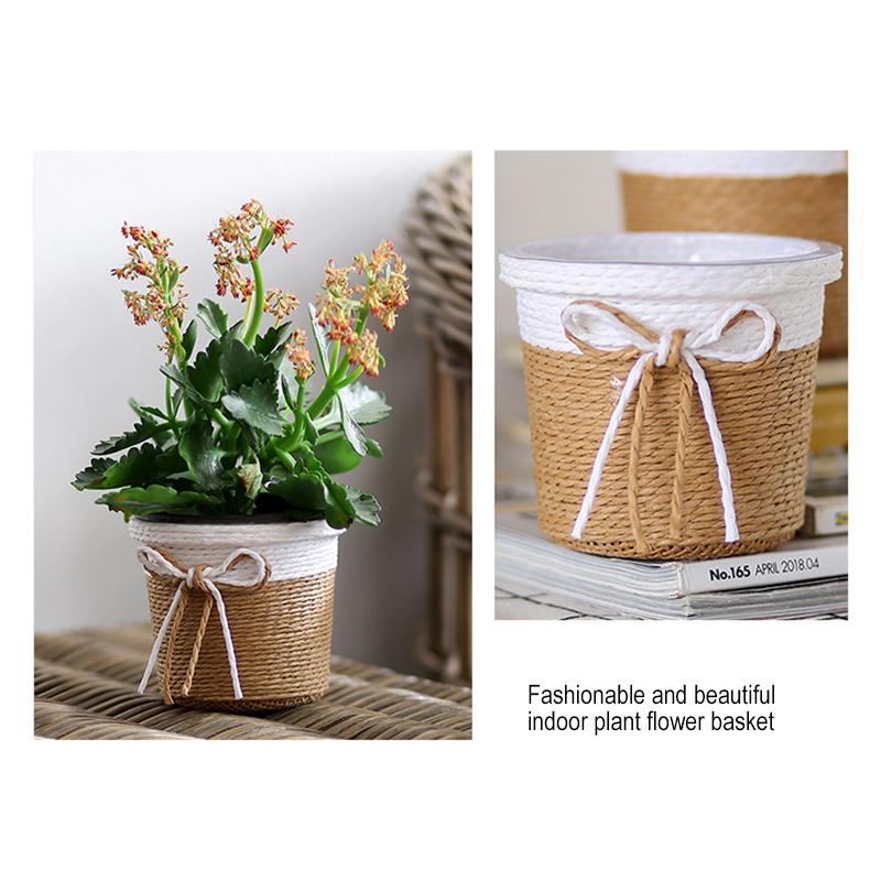 19.5cm Paper Rope Braided Fresh Flower Pot Decorative Basket Woven Flower Pot Cover Waterproof Simulated Succulent Flower Basket