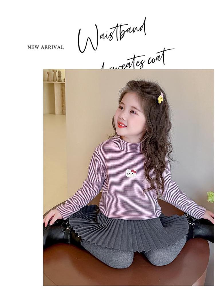 Girls' Fleece-Lined Long-Sleeve T-Shirt - Autumn/Winter Semi-High Collar Top