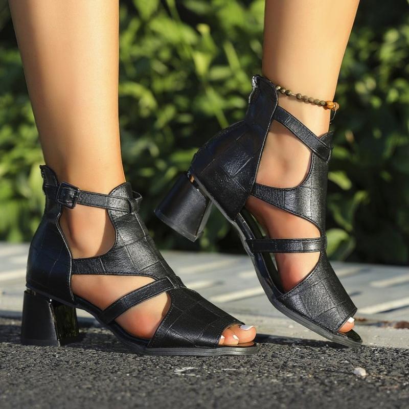 Fashion High Heeled Sandals Female New Summer Fish Mouth Shoes Chunky Heel Roman Back Zipper Sandals Solid Casual Sandales Femmes
