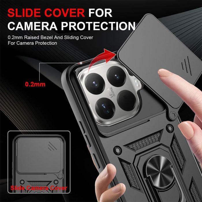 Coque - E.F.CONNECTION - pour Xiaomi 15T - Rigide Antichoc avec Anneau et Protection Objectif Coulissante - Noir