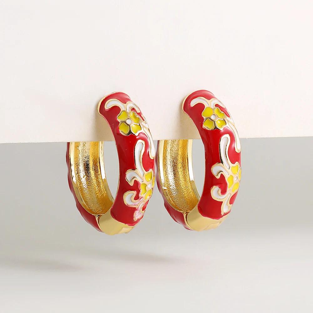 Vintage Multicolor Enamel Flower Round Hoop Earrings Boho Gold Color Circle Round Earrings Statement Jewelry Gifts for Women