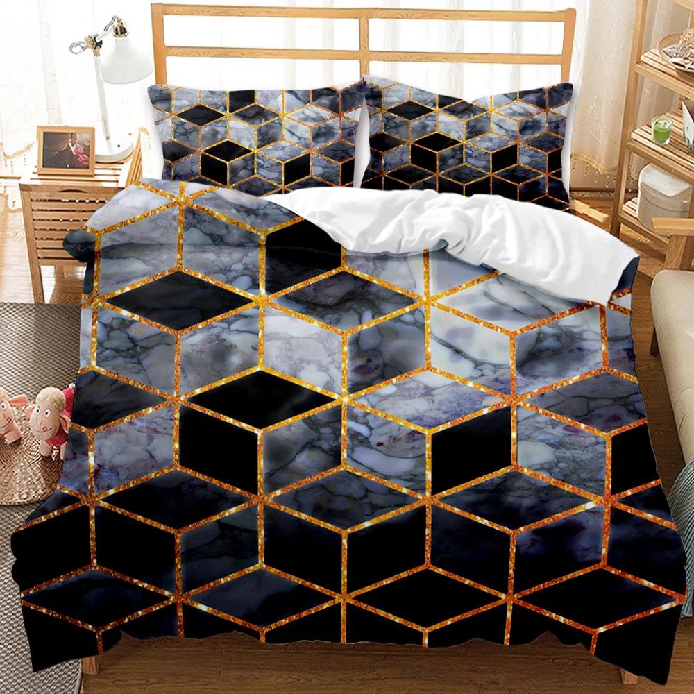 Marmor Dynetrekksett Svart Hvit Gull Abstrakt Marmortekstur Trykt Svart Hvit Dobbel Queen King Size Polyester Sengetøysett