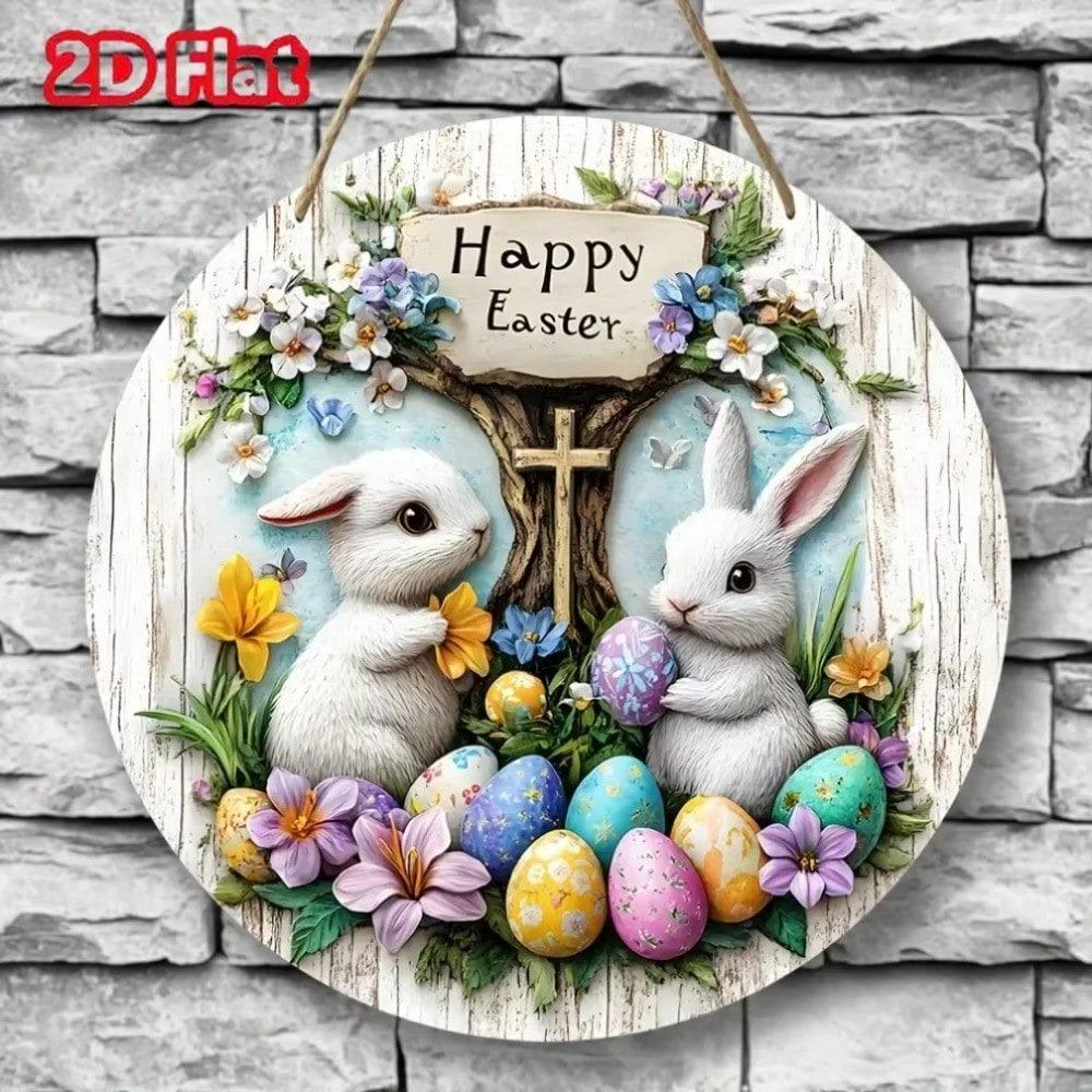 Metal Tin Sign Rabbit Easter Eggs Wall Art Rustic Porch Holiday Home Decor