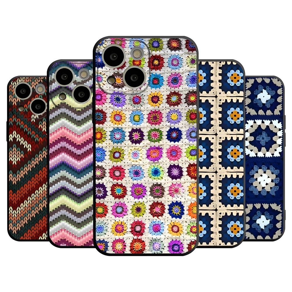 Granny Square Crochet Phone Case For 14 Pro Max For Apple Iphone 16 15 Po Max 12 Mini 11 13 Pro Xr X Xs 8 7 Plus Back Cover