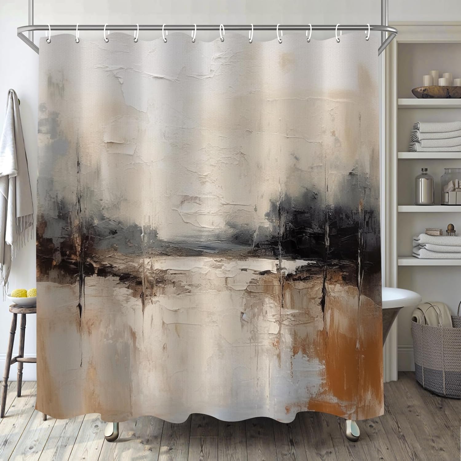 Annier Brown/Black/Grey Art Abstract Shower Curtain For Bathroom, White Boho Shower Curtain Set, Cream Beige Oil Painting Fabric Modern