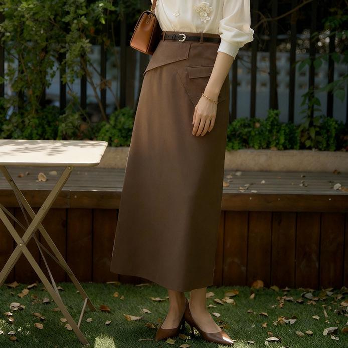 Fei Yuan High-Waisted Straight Midi Skirt with Belt - Solid Color, Niche Design for Early Spring S хаки