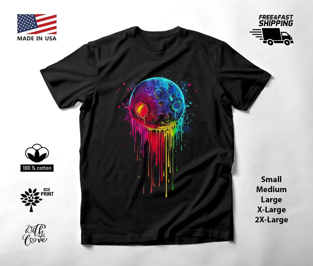 Colorful Moon Neon Graphic T-Shirt Black Unisex S-2XL