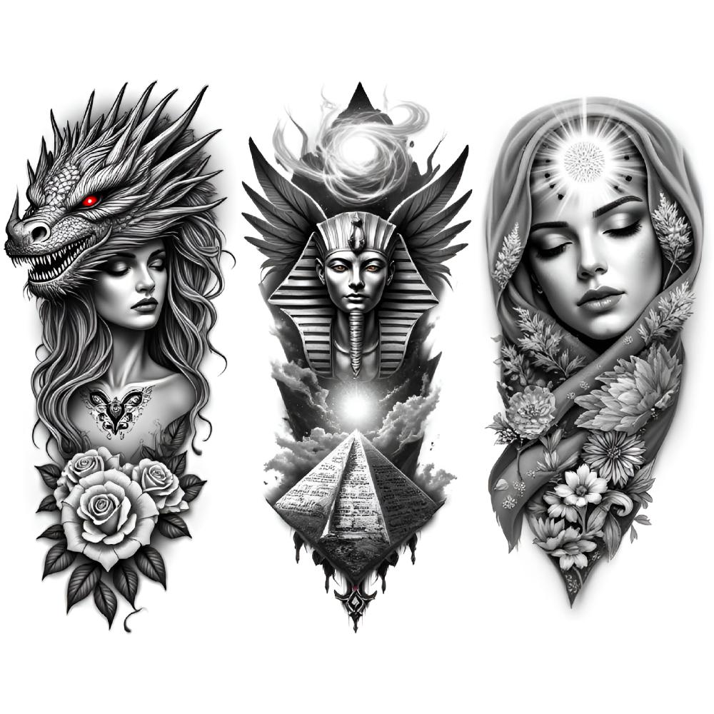 3pcs Temporary Tattoo Fantasy Tattoos Waterproof Long-lasting Body Stickers Warrior Tattoos Black And Grey Realism For Arms