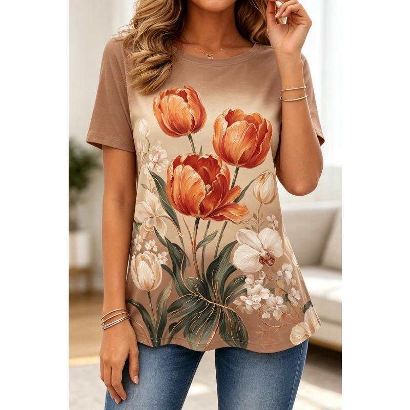 Women's Long Sleeve Crew Neck Blue Orchid Floral Print Casual T-Shirt, Regular Tops for Spring Summer Daily Weekend Wear