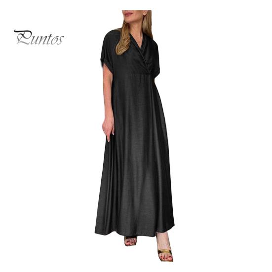 

Весеннее женское платье с V-образным вырезом и коротким рукавом, свободное А-силуэта, чистое цветное платье макси длиной до щиколотки, плиссированное платье для выпускного вечера, вечеринки, свидания M чёрный