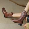 Retro square head embroidery thick heel western boots low heel medium boots autumn and winter new women's boots large size boots