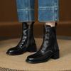 New Women's Leather Large Size Medium Boots Side Zipper High Heel Women's Boots Square Heel Round Head Cowhide Autumn and Winter Fashion Boots