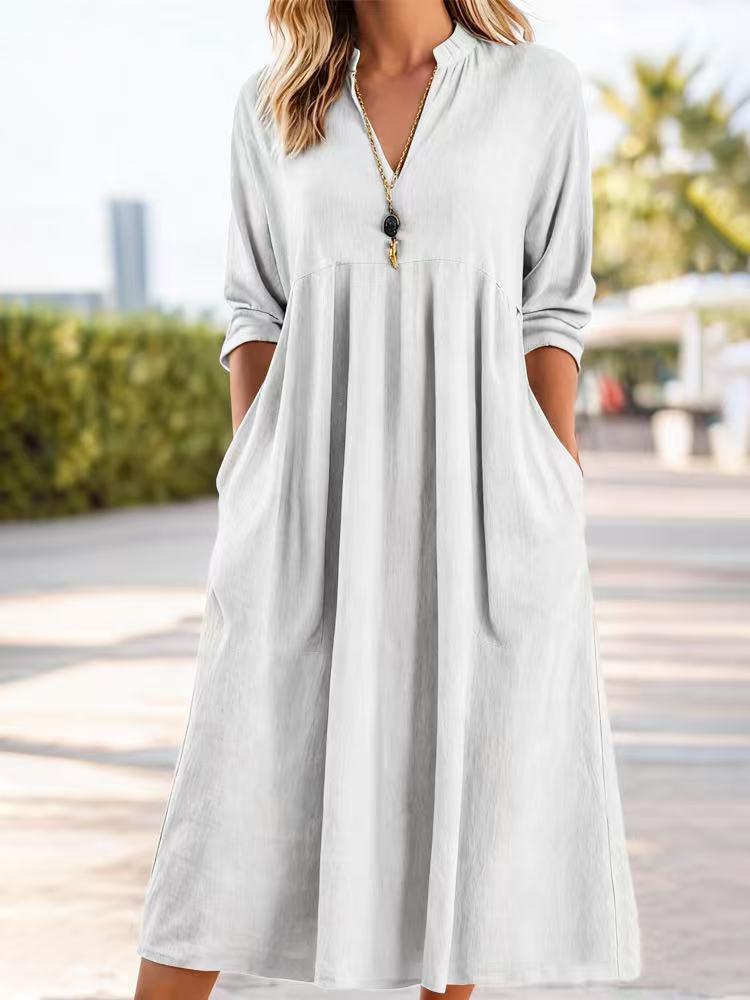 Summer V-neck New Solid Color Dress Loose Women's Clothing