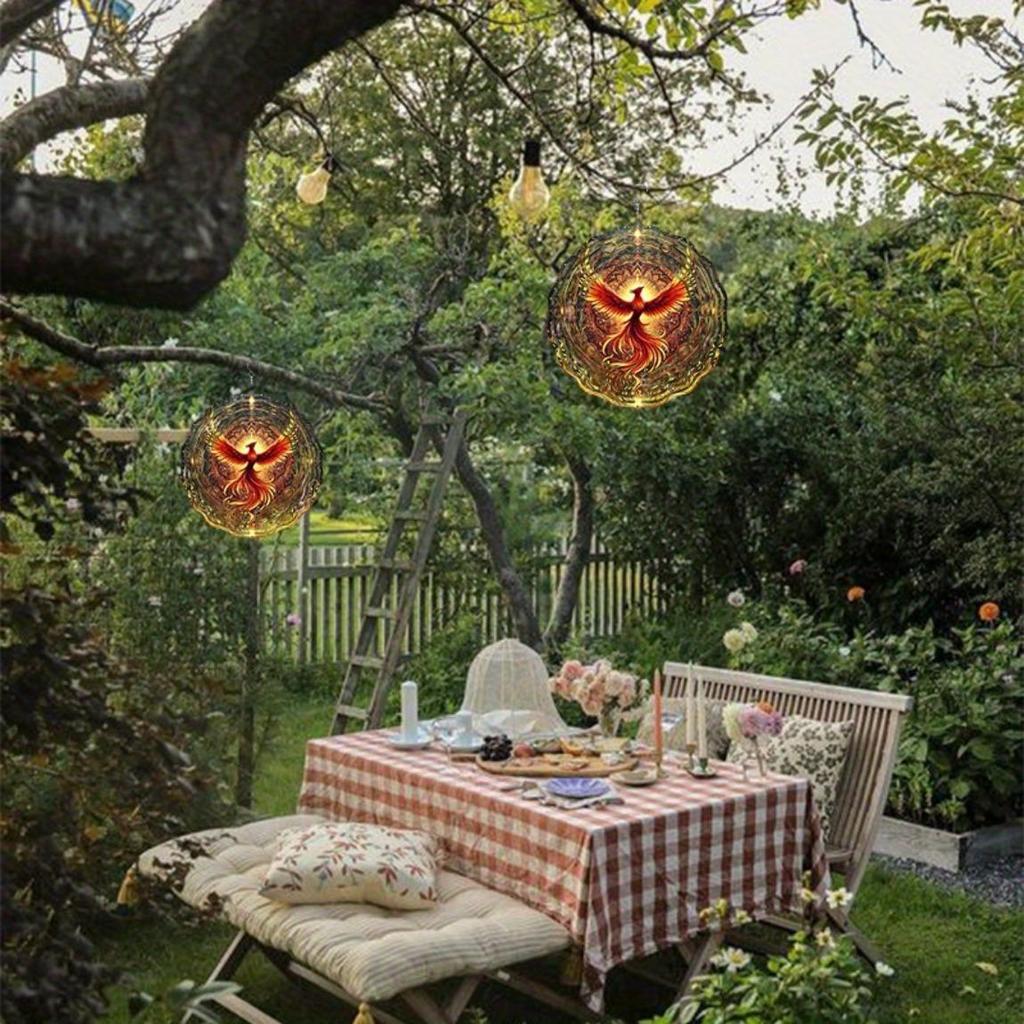Phoenix Wind Chime Outdoor Indoor Decor Golden Red Feather Design Metal Hanging Ornament for Halloween Christmas Thanksgiving Holiday