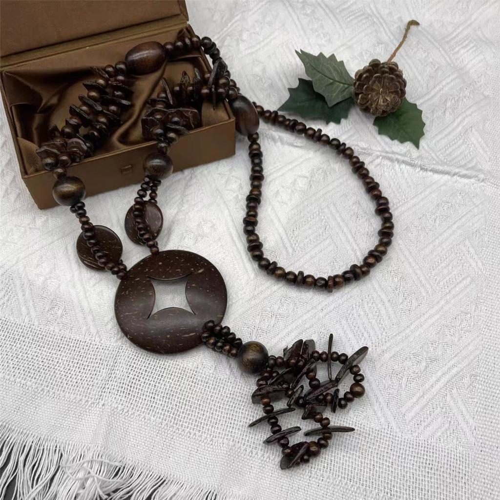 JMXD Boho Chic Ethnic Vintage Long Sweater Chain Women Fashion Beaded Wooden Beads Coconut Shell Pendant Sustainable Statement Necklace
