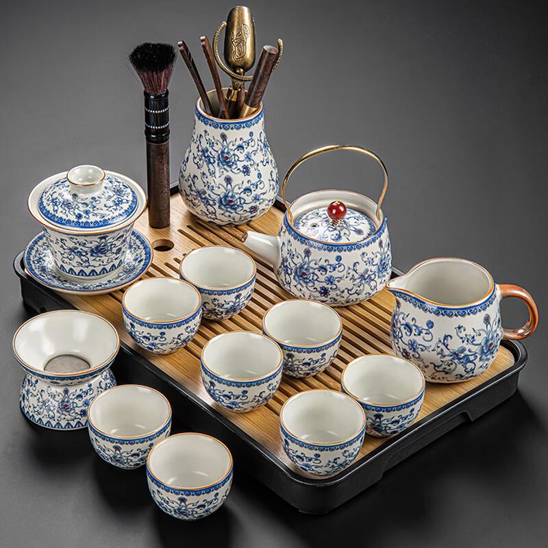 Leinuo Floral Teapot & Black Tray Chinese Tea Set (13 Pcs)