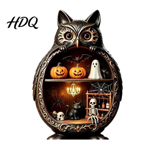 Cozy Halloween Scene Decor Wooden Owl Tabletop Centerpiece 2D Flat Pumpkin Ghost