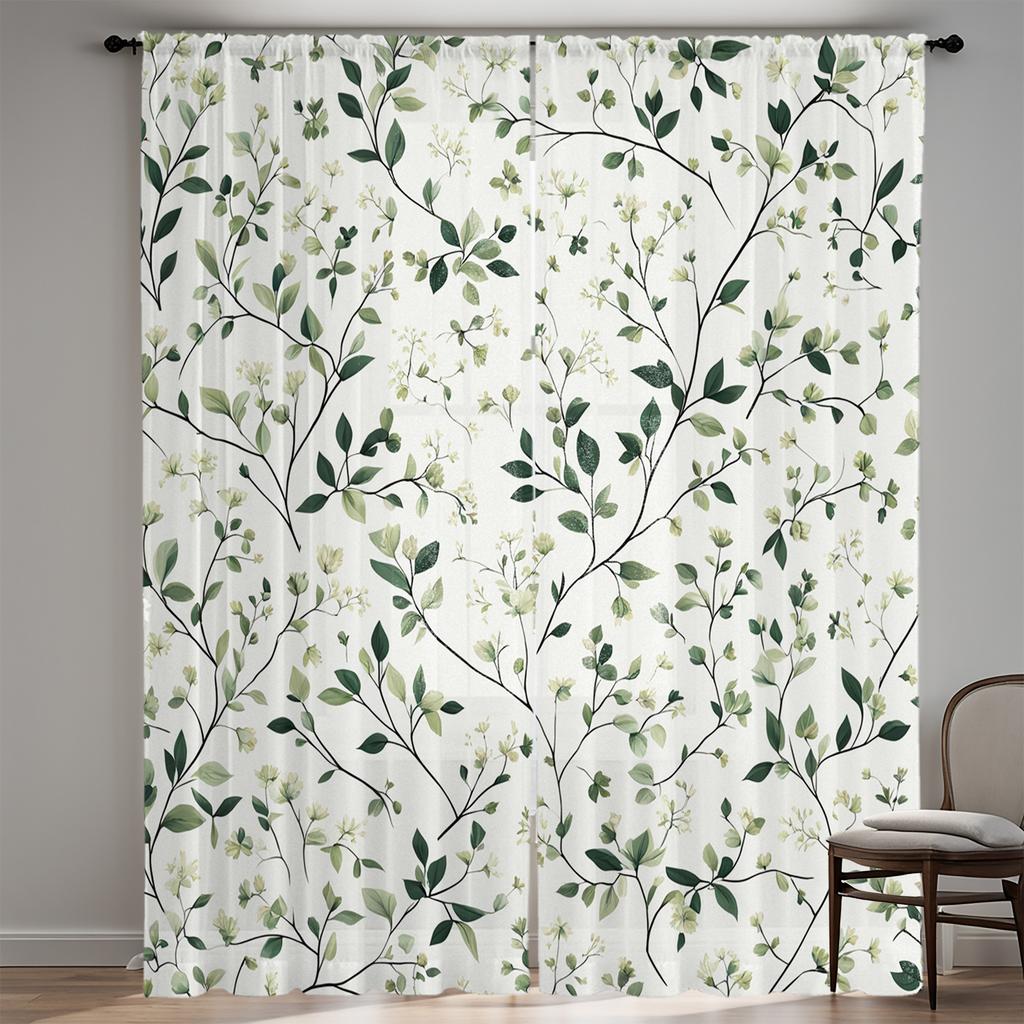 2-Piece Floral Tulle Curtains With Green Leaf Pattern, Polyester, Suitable For Bedroom And Living Room, Machine Washable