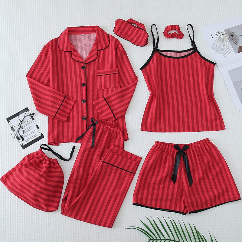 Parent-Child Matching Cotton Pajamas Set - Women's Tank Top & Shorts with Children's 7-Piece Homewear.