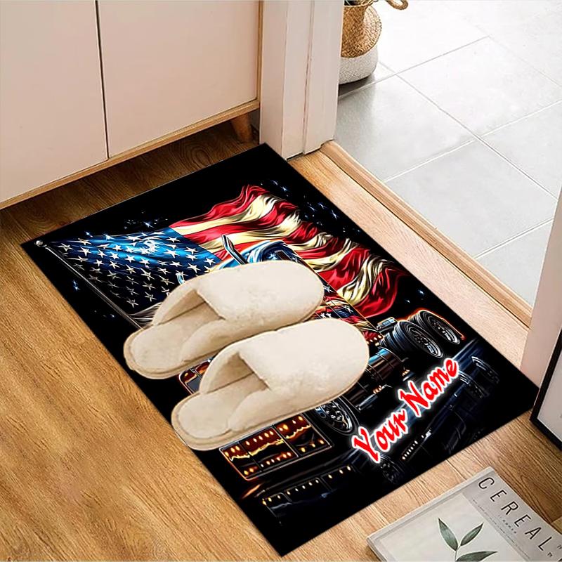 1PC Custom Name American Flag Truck Art Theme Floor Mat Ideal for Living Room, Game Rooms, Office, Bedroom, Floor Mat Playful Design