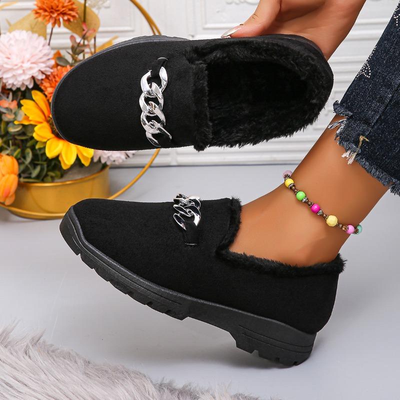 Fashion Women's Thick Plush Flat Shoes 2024 Autumn and Winter Solid Color Soft Sole Slip-On Loafers Comfortable Warm Casual Shoes