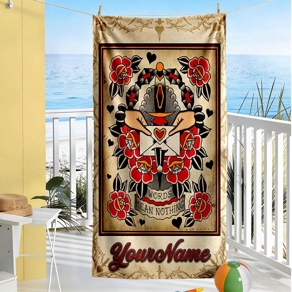 Tattoo Style Customizable Name Beach Towel High Absorbency & Quick-Dry Perfect for Traveling Yoga Camping and Swimming