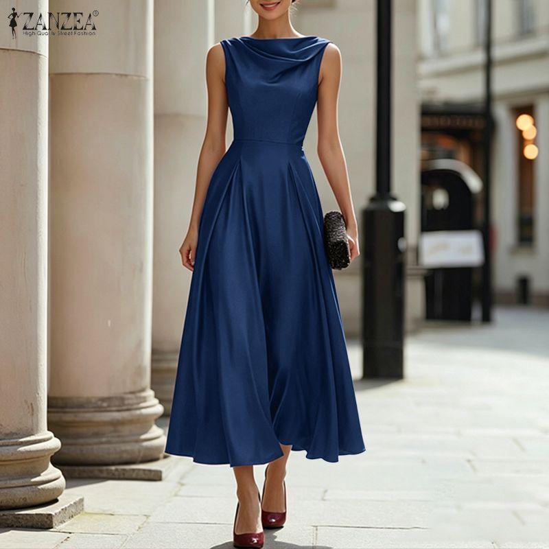 ZANZEA Women Elegant Pile Collar Casual Sleeveless A-line Satin Dress