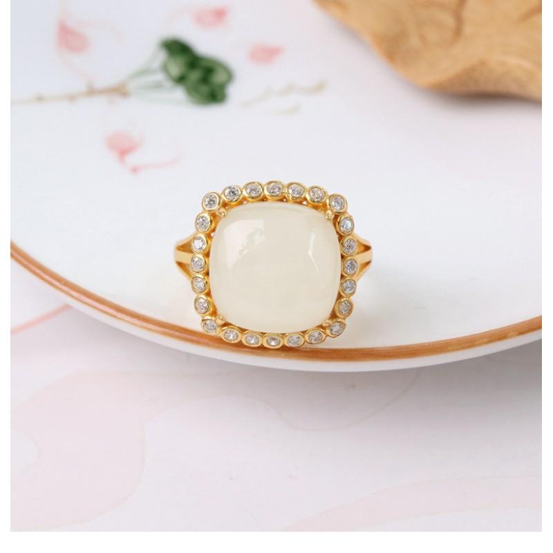 Adjustable Square Geometric Ring Women Men Copper Plated Gold With Jadeite White Jade Minimalist Vintage Style