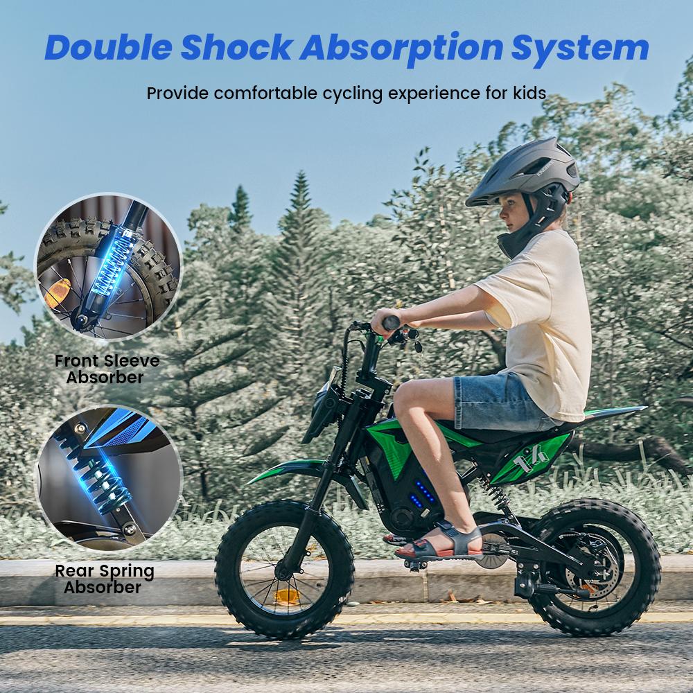 A14 Kids ELECTRIC DIRT BIKE 14 Inch 500W Motor 36V5.2Ah Battery 20-22km Range Shock Absorption, Bluetooth LED Lights