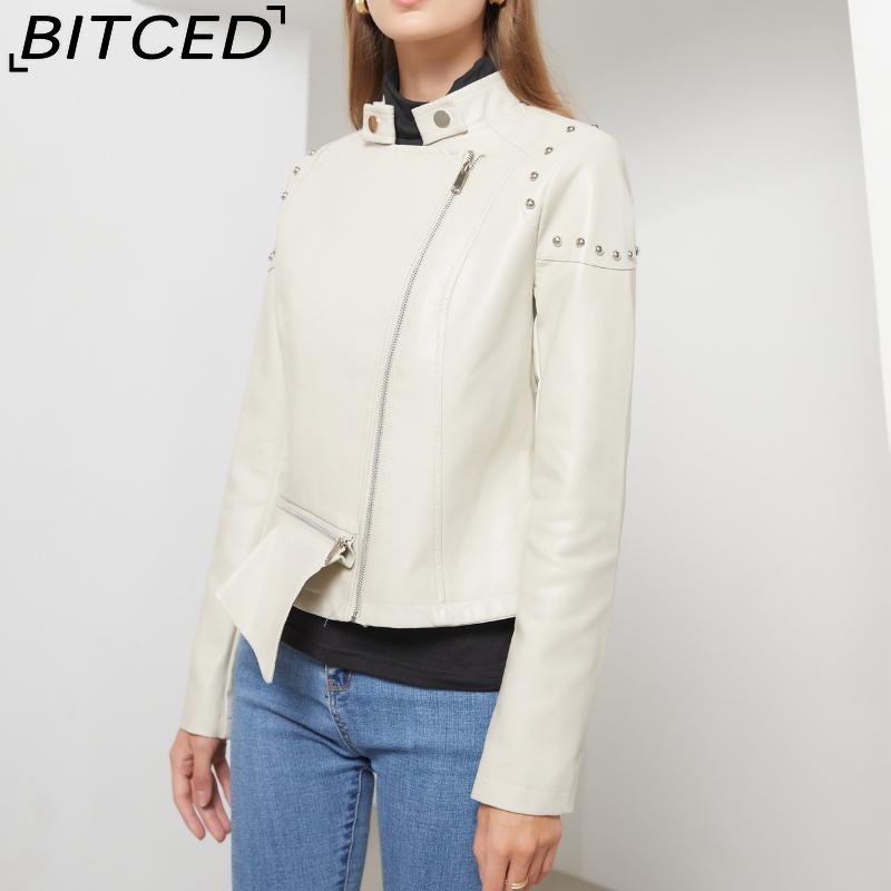 BITCED Studded Fashion Stand Collar Leather Jacket for Women - Solid Colour Spring/Autumn Outerwear - Studded Leather Jacket