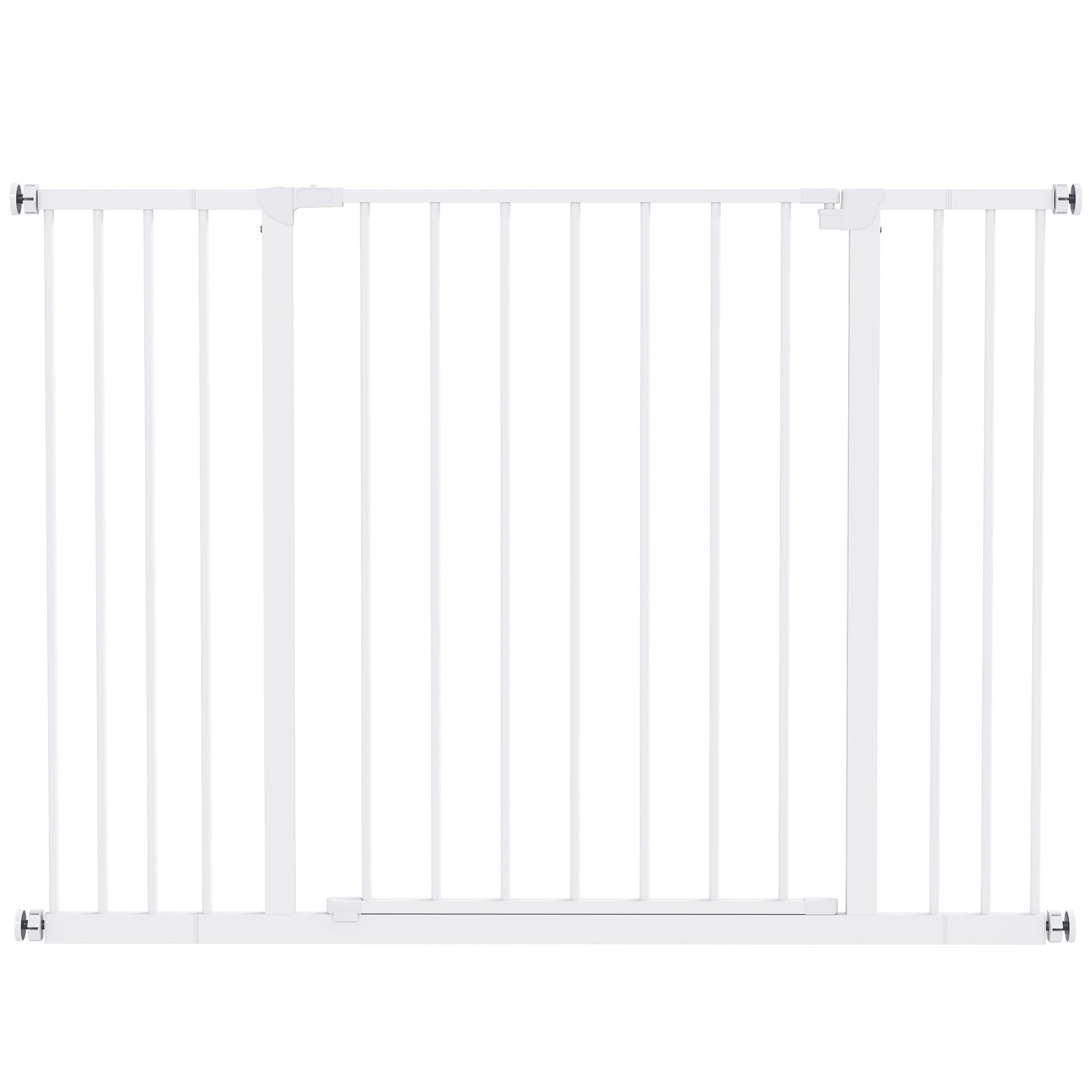 Poartă de siguranță pentru uși și scări cu extensie de 10/15 cm, nu necesită găurire, pentru lățimi 76-82/86-97/101-107 cm, deschidere cu o singură mână, oțel, alb alb