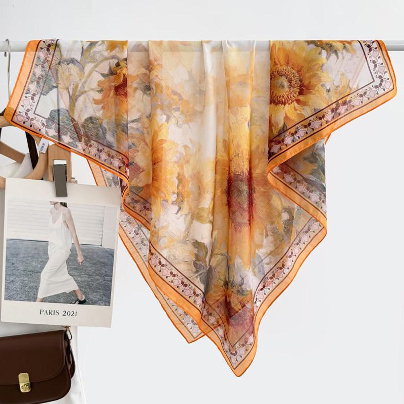 Atmosphere Blue Cashew Flower Silk Scarf 91 Series Neck Large Square Scarf Women's Scarf Seaside Baotou Scarf Sunscreen Shawl