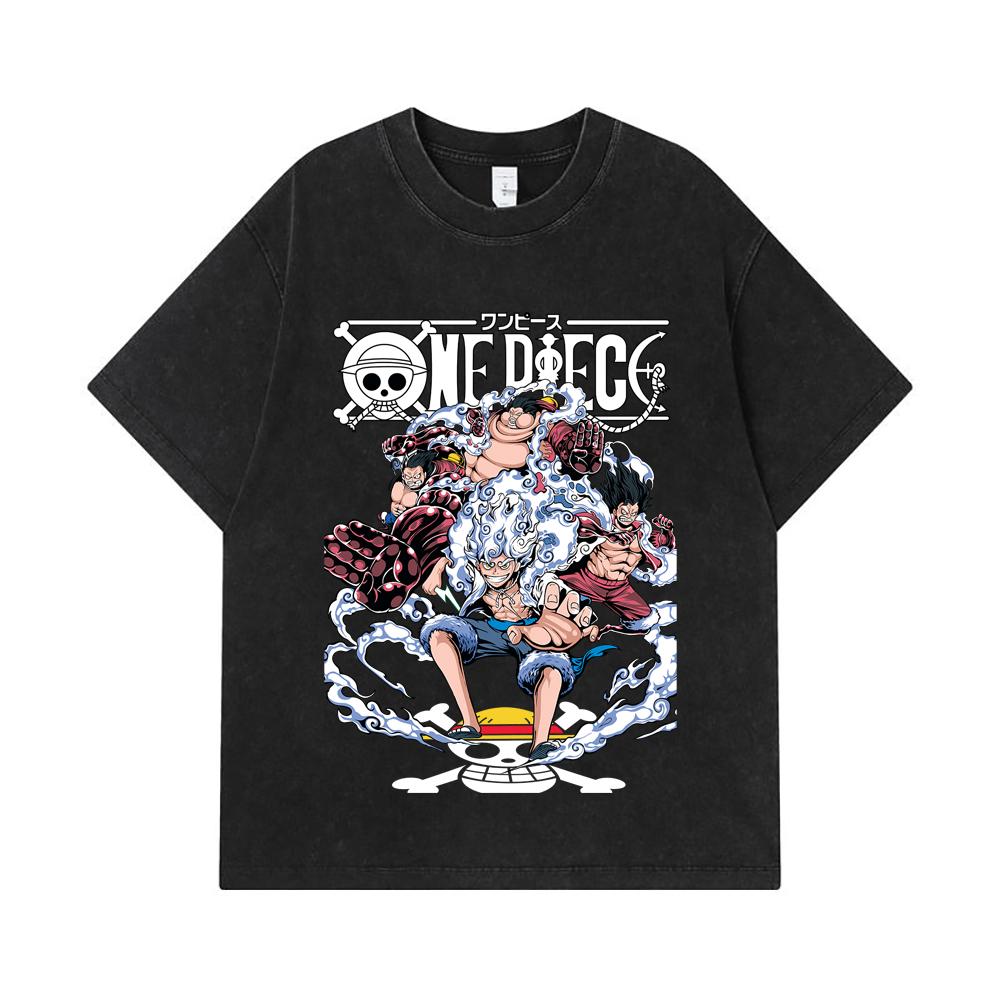 275 GSM Washed T-shirts 100% Cotton One Piece V30 Luffy Gears Print Unisex Heavy Cotton T Shirt