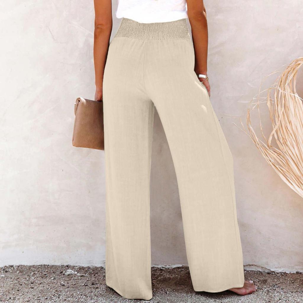 Women's Solid High Waist Loose Long Wide Leg Pants Button Trim Elasticated Casual Pants