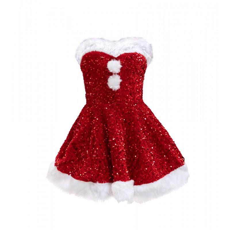 Pink Sequin Christmas Dress With Faux Fur Trim Holiday Party Outfit Women S M L XL