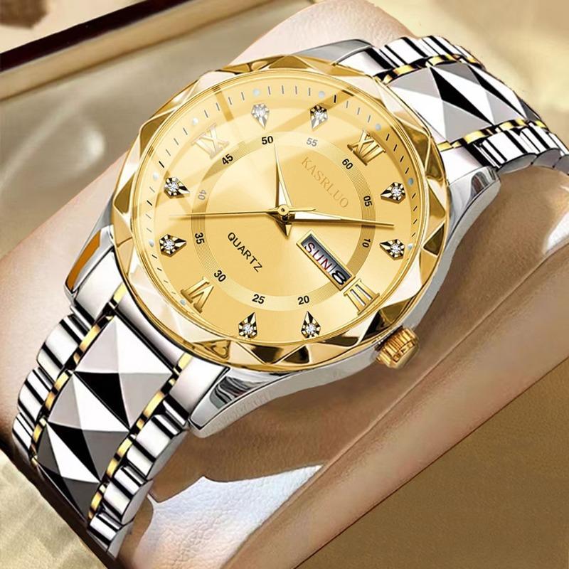KASRLUO Uhr Herren Doppeltes Datum Rhombus Gehäuse Leuchtend Wasserdicht Mode Premium Quarz Uhr