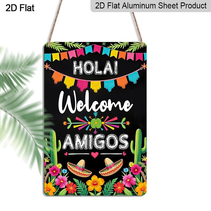 2D Flat 1pc Mexican Welcome Sign - Vintage Hola! Welcome Amigos Aluminium Wall Decor with Mexican Straw Hat & Cactus, Aluminium Decoration for 20*30cm