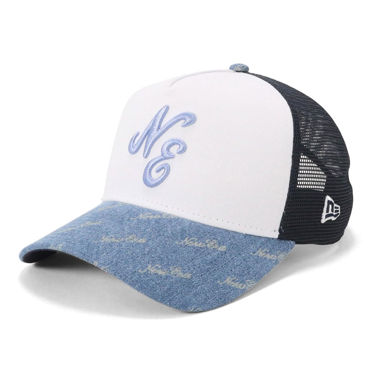 

New Era Denim Monogram Classic Mesh Cap in ONSPOTZ Exclusive Also FREE 9Forty Trucker Denim Visor Monogram Classic 9FORTYA-FRAME White/Washed Denim.