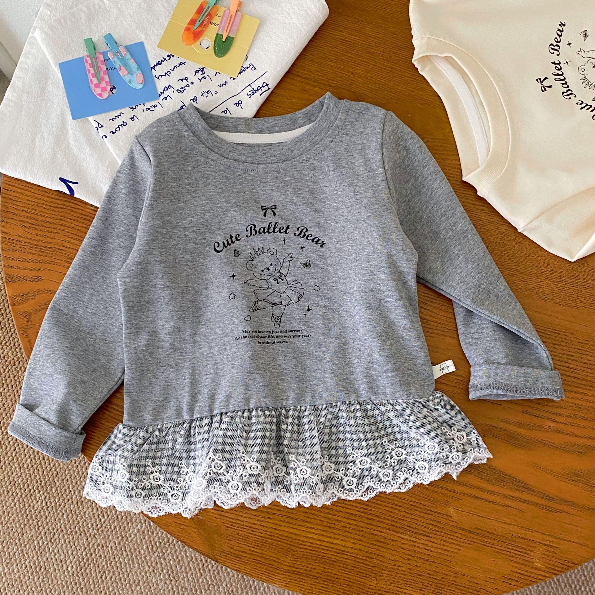 Девичья футболка с длинным рукавом и кружевной отделкой - Весна-Осень 2025, Корейская мода 100 cm