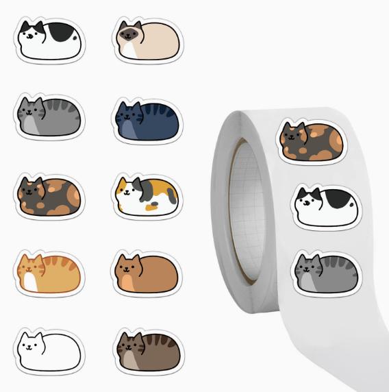 500Pcs Roll Cute Lying Cat Stickers, Kawaii Kitten Journal Stickers, Student Stationery Decor Adhesive Stickers