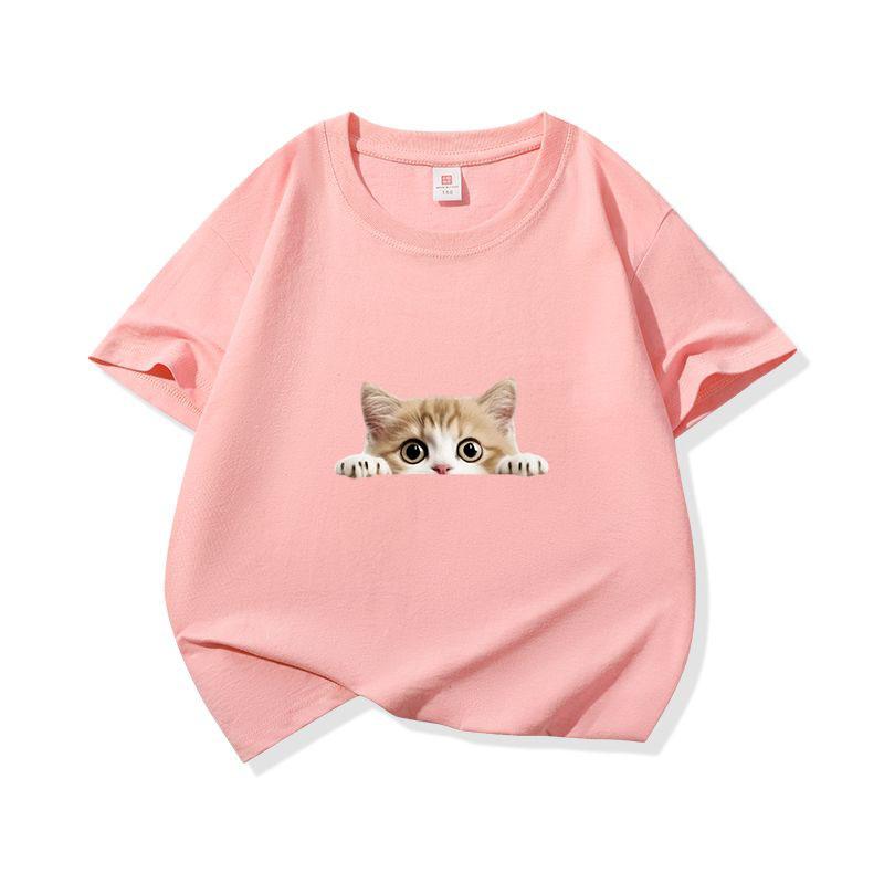Kids Cotton T Shirt Peeking Orange Kitten Cat Print Crew Neck Short Sleeve Tee Casual Breathable Boys Girls Summer Tops