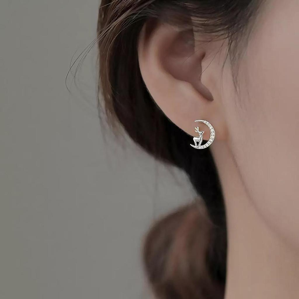 Pure Silver Korean Minimalist Antler Stud Earrings - Sweet Moonlight Reindeer Christmas Design
