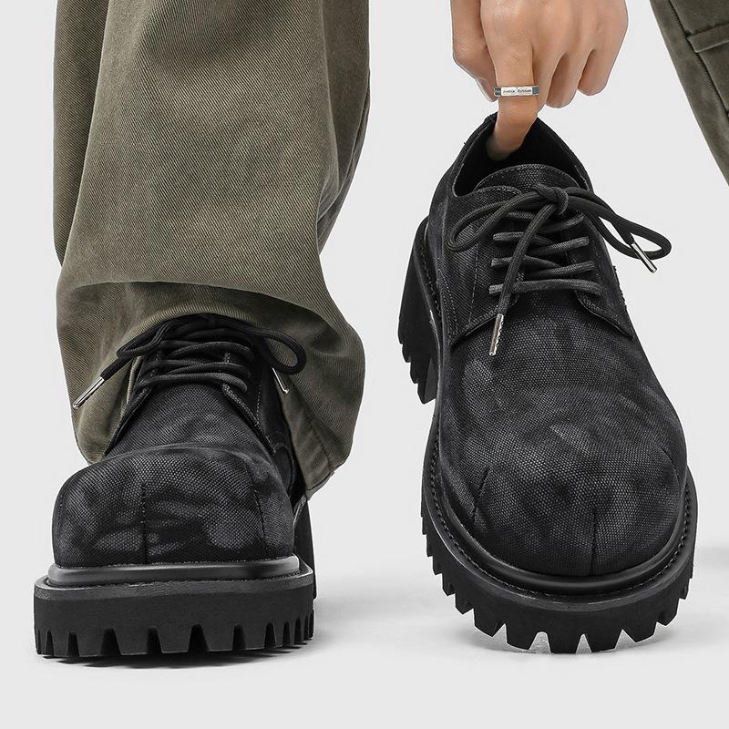 New  Men's Washed Denim Casual Shoes Increased Height Big Head Leather Shoes Spring Autumn Pure Color Adult Shoes